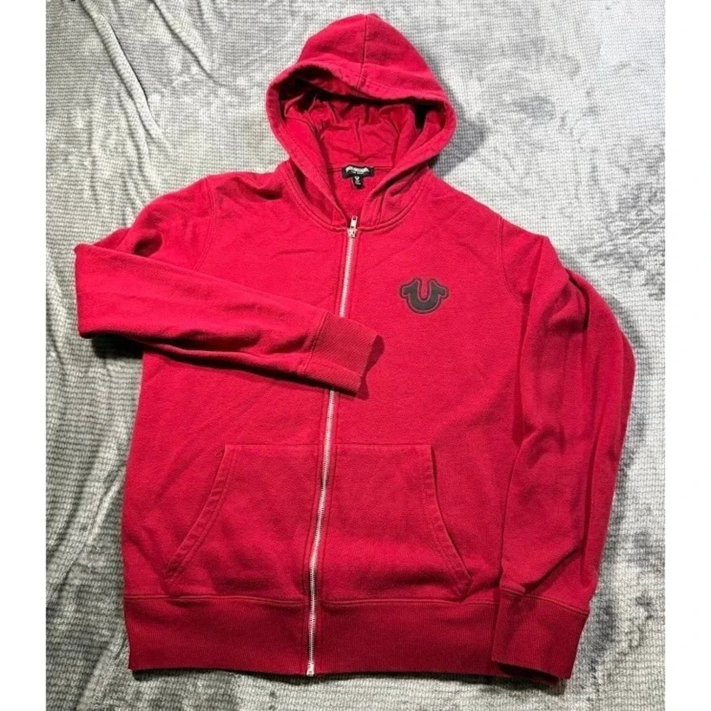True Religion Mens Red‎ Full Zip Hoodie Horseshoe Logo Fleece Sweatshirt Large